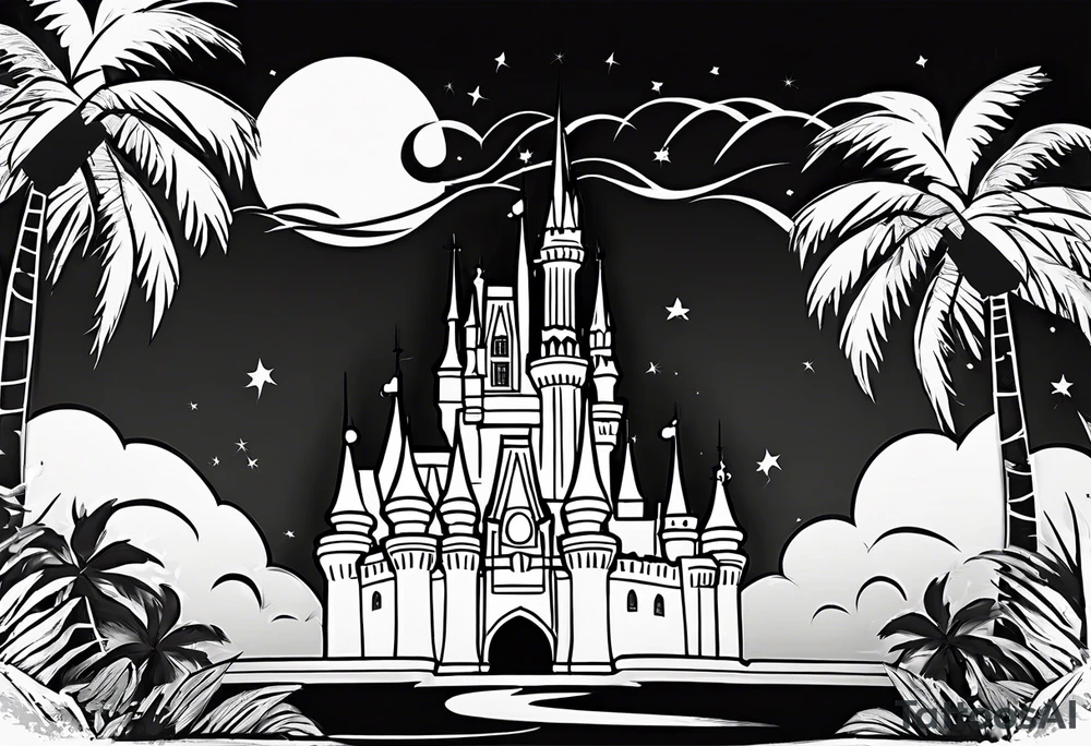 disney castle with lightning palm trees and a mickey mouse tattoo idea