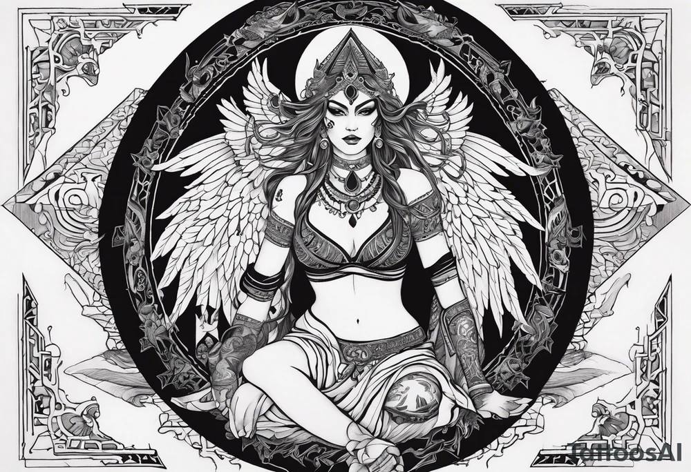 black kali, goddess pirate, alien, angel, pachamama, valkrye, warrior, flying, skull, lotus azul, wing, eagle, zenza resonance, stars, 5D, anahata chakra, death, durga, riding on a tiger, flying lady, chest tatoo tattoo idea