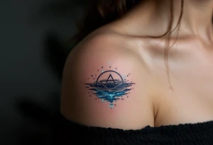 A pentagram submerged in dark water, with tiny waves and glowing bioluminescent blue accents tattoo idea