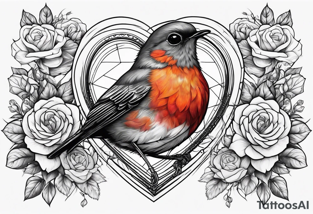 A real heart with a Robin inside surrounded by roses, likely of the valley and cosmos flowers tattoo idea