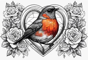 A real heart with a Robin inside surrounded by roses, likely of the valley and cosmos flowers tattoo idea