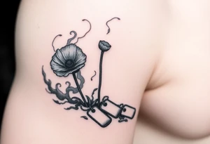 War zone with 2 poppy’s growing out of the smoke with dog tags laying on the ground tattoo idea
