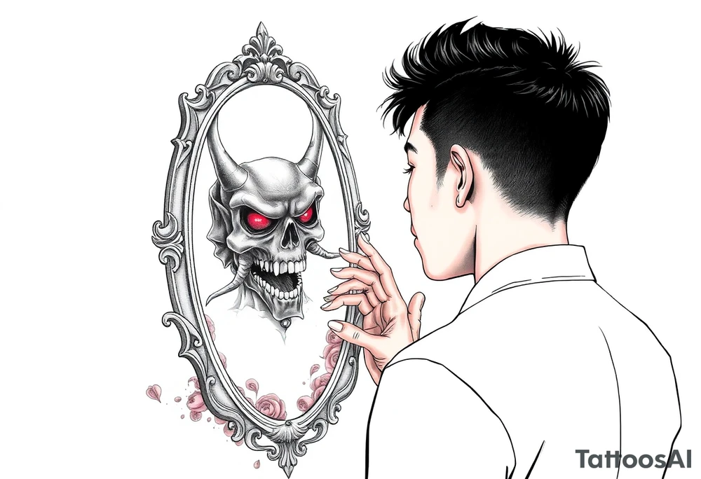 Handsome Asian young guy is looking in cursed mirror and see the evil tattoo idea