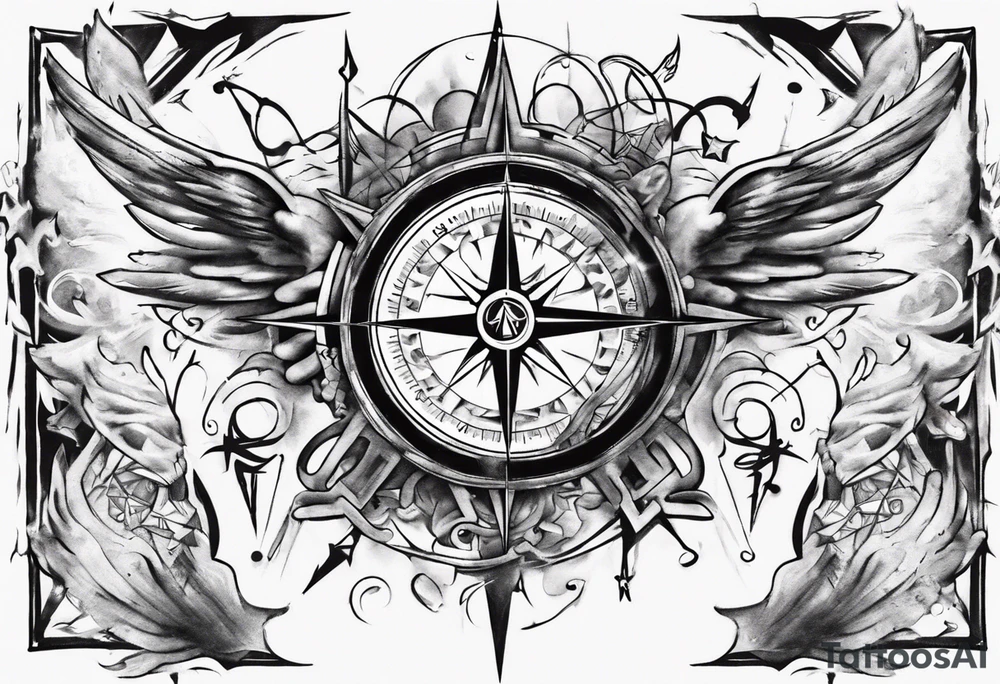 Chest tatoo abstraction with sun and letters and compass and angels tattoo idea