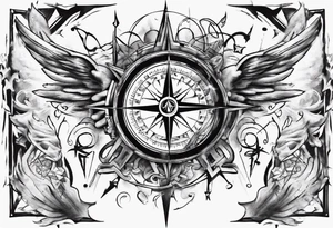 Chest tatoo abstraction with sun and letters and compass and angels tattoo idea
