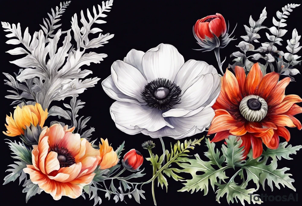 a white anemone with black center with thistles, ferns, ranuculus, sun flowers, red flowers, ping flowers, orange flowers, yellow flowers all in watercolor tattoo idea