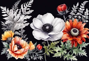 a white anemone with black center with thistles, ferns, ranuculus, sun flowers, red flowers, ping flowers, orange flowers, yellow flowers all in watercolor tattoo idea