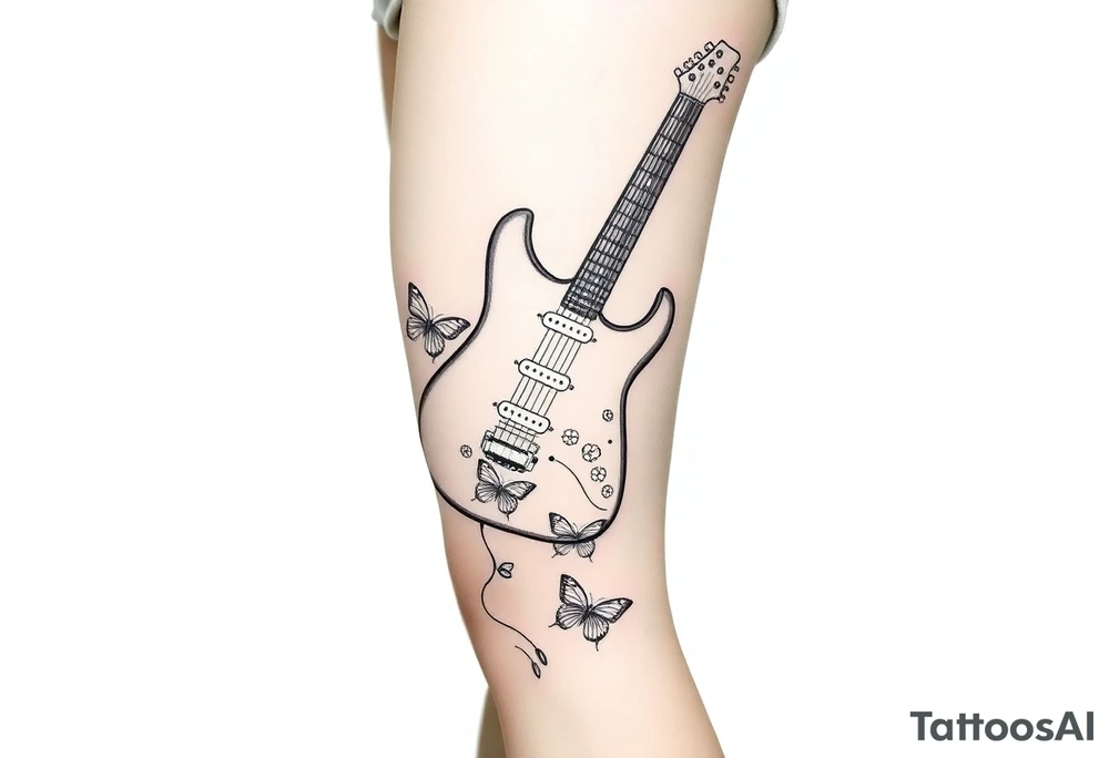 An electric guitar with the cord running down wrapped around the leg and five or six butterflies around it tattoo idea