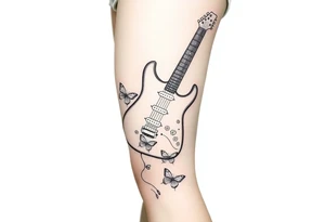 An electric guitar with the cord running down wrapped around the leg and five or six butterflies around it tattoo idea