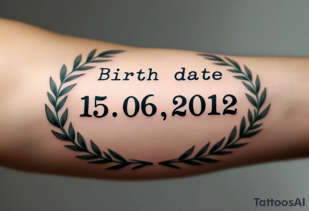 Birth date "15.06.2012" in typewriter font encased in a dusty green laurel wreath. tattoo idea