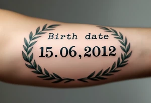 Birth date "15.06.2012" in typewriter font encased in a dusty green laurel wreath. tattoo idea