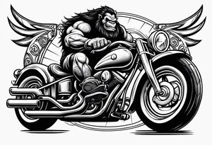 Ogre riding a Harley with ape hanger handlebars tattoo idea