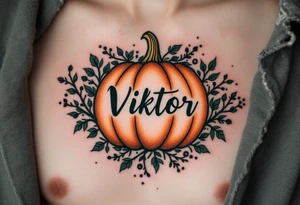 Viktor 30. 05. 2020 – A dark forest green and burnt orange pumpkin design, surrounding Viktor's birthdate, with black vine details for a spooky touch. tattoo idea