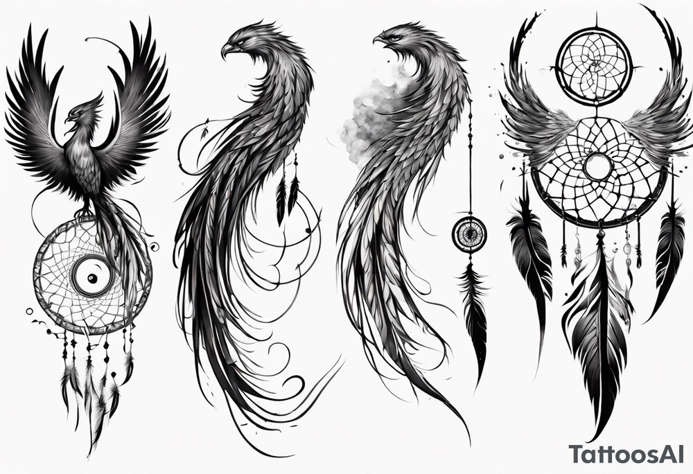 Vertical angry flying Phoenix with wings blending into circles and a long abstract dream catcher feather tail tattoo idea