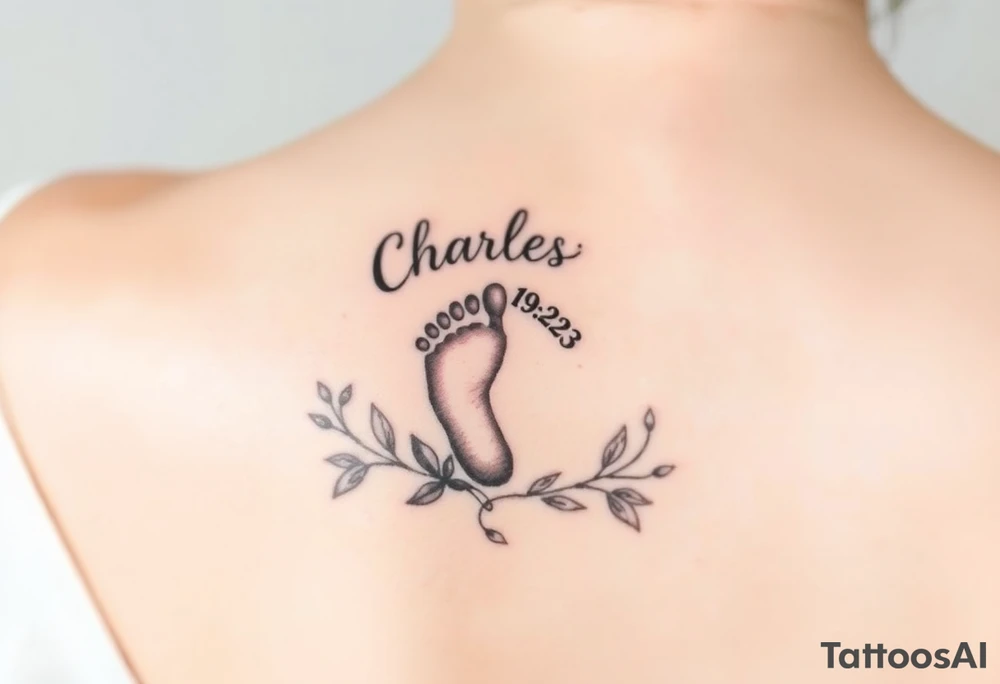 baby footprint print with the name Charles above it, the date 1-14-23 below it and surrounded by floral vines on a forearm tattoo idea