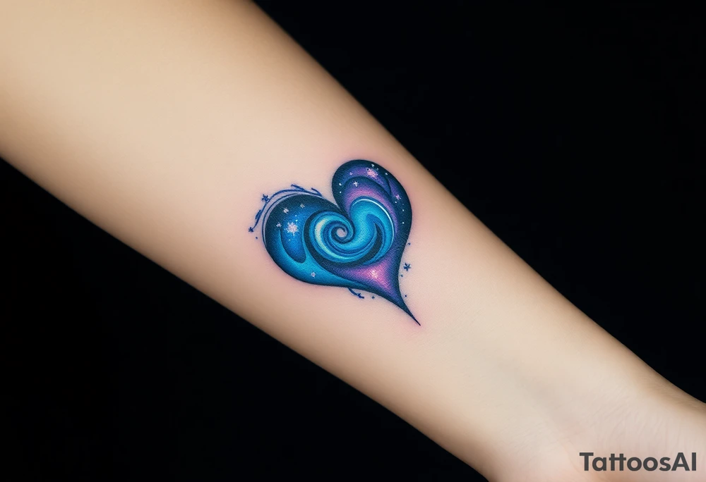 Fully depicted infinity symbol with a heart made of swirling galaxy patterns, featuring deep blues, purples, and subtle stardust tattoo idea
