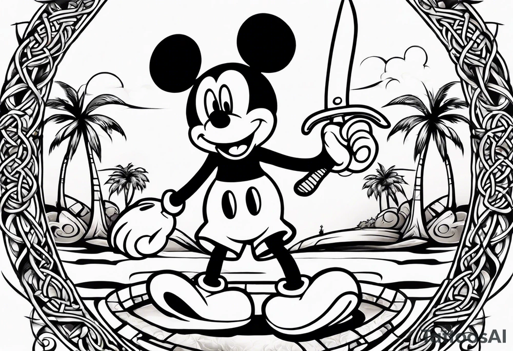 mickey mouse holding a knife and stick with palm trees and the celtic symbol for family tattoo idea