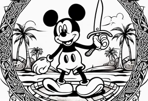 mickey mouse holding a knife and stick with palm trees and the celtic symbol for family tattoo idea