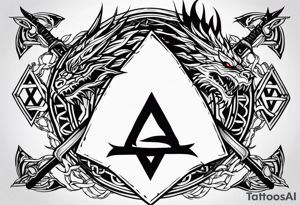 Valhalla sword shield axe barbed wire chains valknut fire dragon tattoo idea Valhalla sword shield axe barbed wire chains valknut fire dragon tattoo idea