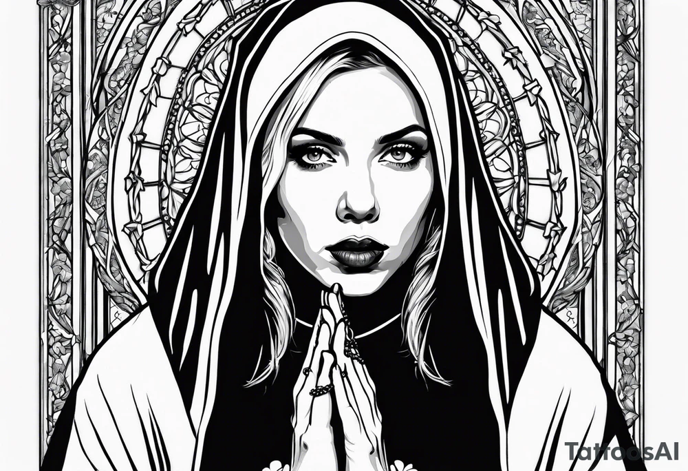 Scarlett Johansson as a nun with hand holding rosary tattoo idea