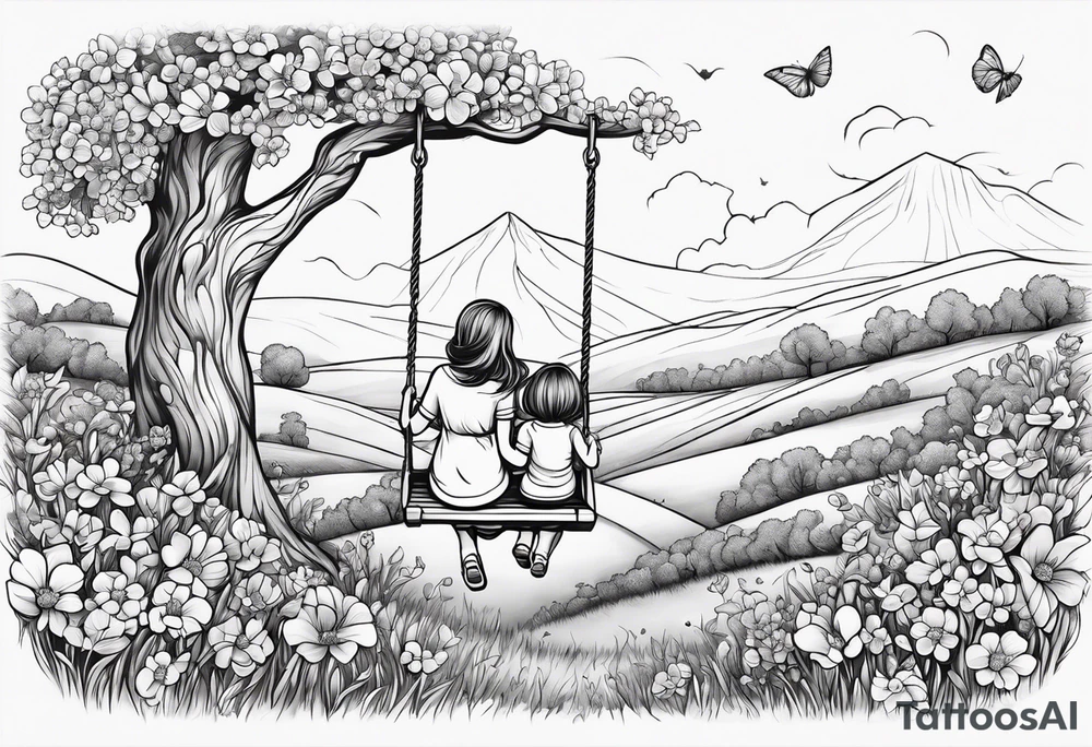 Mom with son and daughter on a swing in the distance in a field of flowers tattoo idea