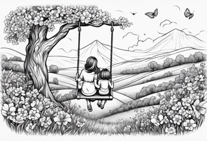 Mom with son and daughter on a swing in the distance in a field of flowers tattoo idea