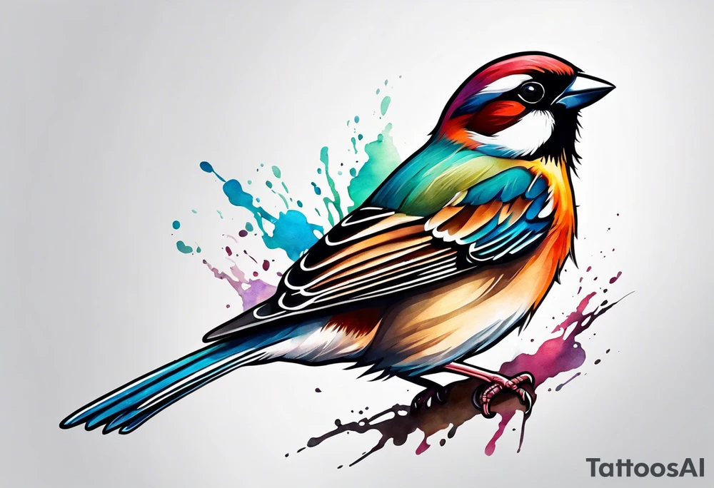 Colorful sparrow in flight tattoo idea