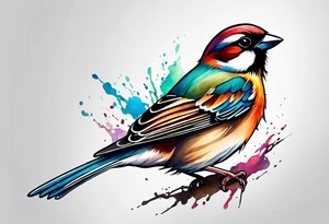 Colorful sparrow in flight tattoo idea
