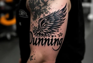 Dunning, Details include on left arm, name in white color,angel wing, wet jungle leaves,cool font, galaxy background filling, tattoo idea