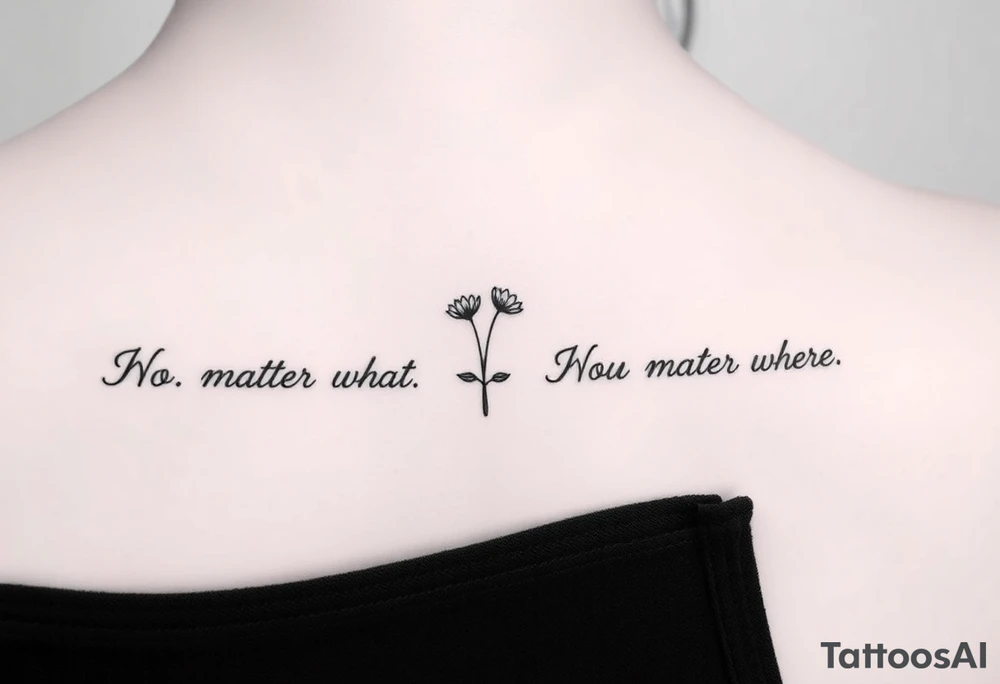 A delicate cursive tattoo with the quote ‘No matter what’ (for one person) and ‘No matter where’ (for the other), placed along the collarbone. At the end of each quote, incorporate a soft, feminine flower design — such as a small lotus, daisy, or wildflower — that flows naturally from the end of the text, as if the flower is part of the lettering or subtly blooming from the last word.

Design should feel light, elegant, and symbolic of connection and unconditional love between mother and daughter. Style should be fine line or single-needle, black ink only, minimalistic and graceful. tattoo idea