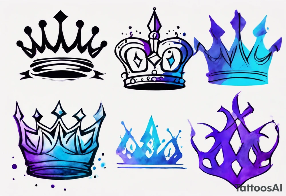 A tattoo of a minimalistic black crown and some negative space on a water color background of purple and blue. tattoo idea