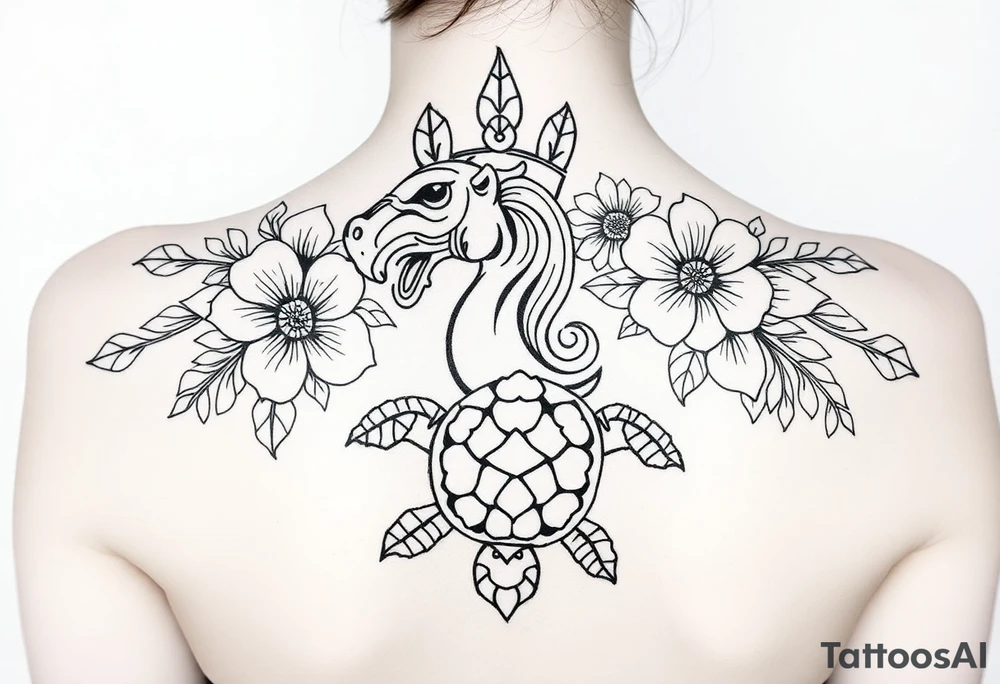 Tiki (great), flowers, waves, equine, turtle, #299 (Small),  upper arm tattoo idea