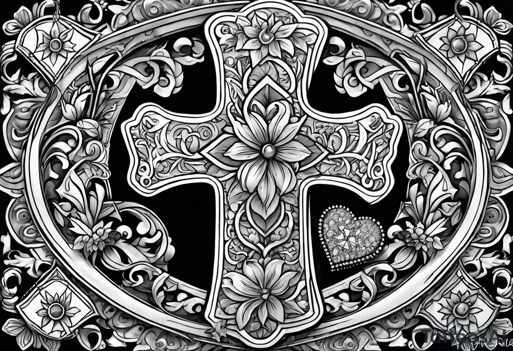 A cross with my family’s names on it names are Peter Lori Kyle and peter around Peter’s  name put a motercycle and a bear around loris name put a sunflower and a heart and around Kyle’s name put a baseball and electricity tattoo idea