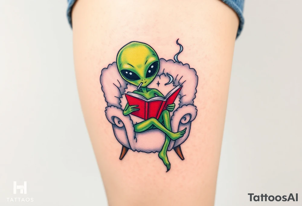 Alien reading a book while smoking and sitting in a fluffy chair tattoo idea