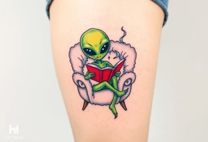 Alien reading a book while smoking and sitting in a fluffy chair tattoo idea