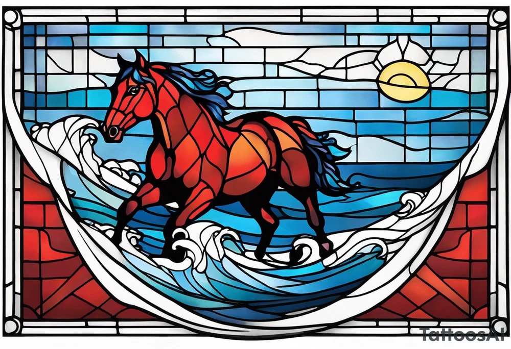 stained glass window with a red horse's head rising from the blue ocean waves tattoo idea