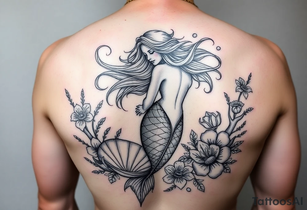 ethereal mermaid with flowing hair among coral and sea flowers tattoo idea