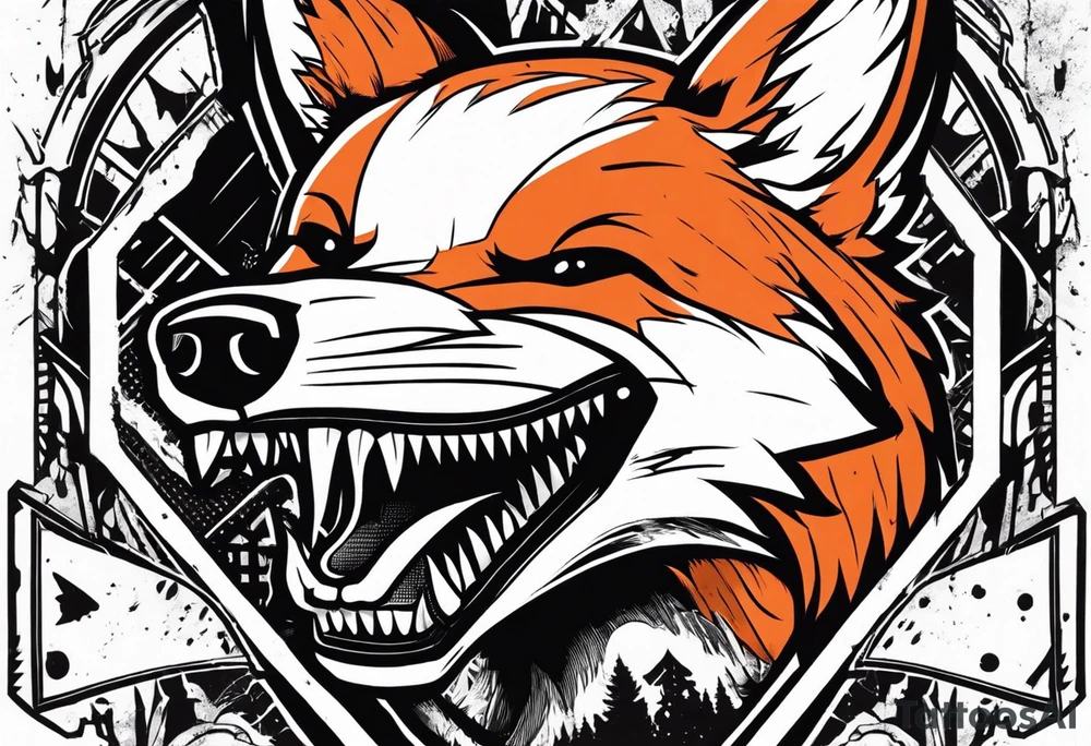 A tattoo designed for the knee, featuring the face of the fox Kon (chainsaw man series) with wild, exaggerated features, such as sharp fangs, intense eyes, and a snarling expression. The design incorporates large areas of white space for contrast, with beams of light or energy radiating outward from the beast’s eyes in a chaotic and powerful pattern. The overall look should be bold and primal, with flowing lines that adapt naturally to the curvature of the knee. tattoo idea
