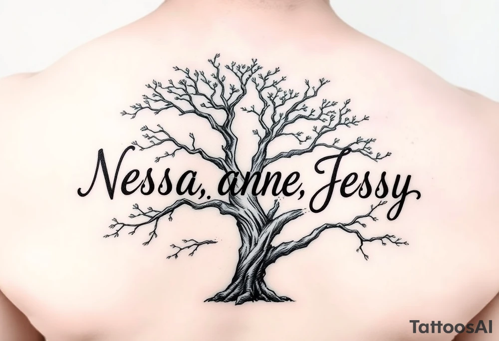 the name Nessa, Anne, Jessy
 on a live tree tattoo idea