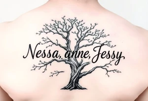 the name Nessa, Anne, Jessy
 on a live tree tattoo idea
