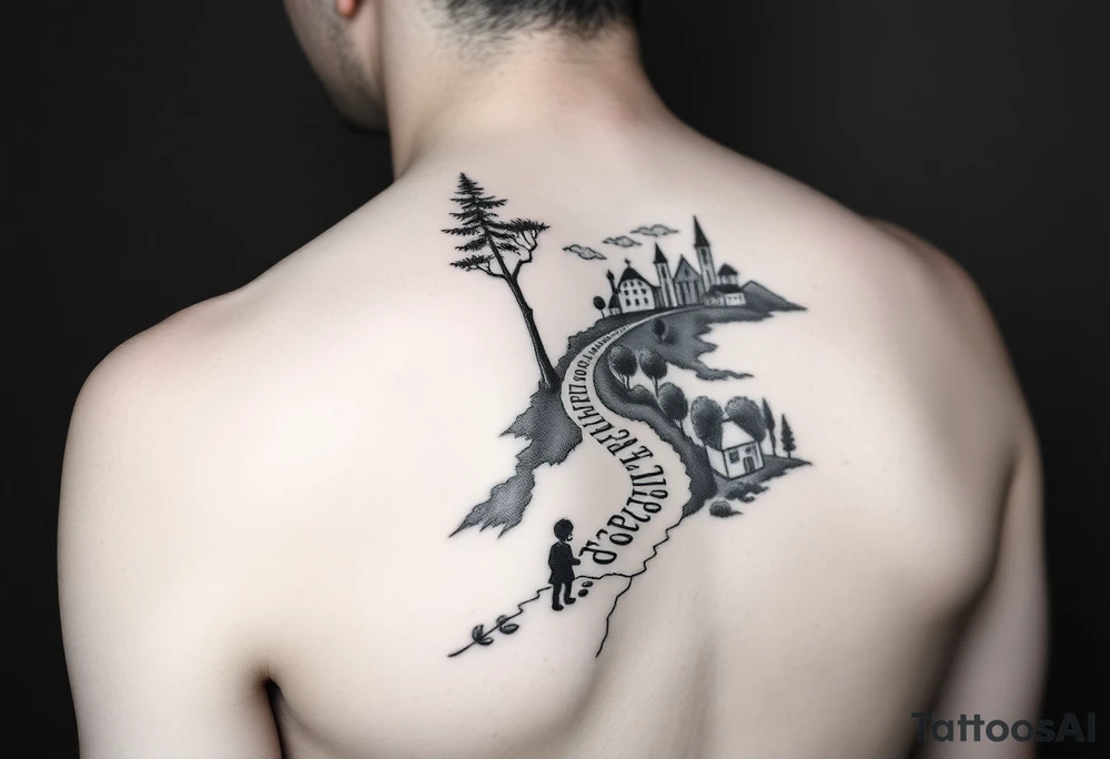 designing a black and white tattoo for a half-sleeve on shoulder: path beginning in the bottom end and winding upwards. The first third starting at the bottom. On the left are a few trees and on the right side a village and a school. A child is walking the path. tattoo idea
