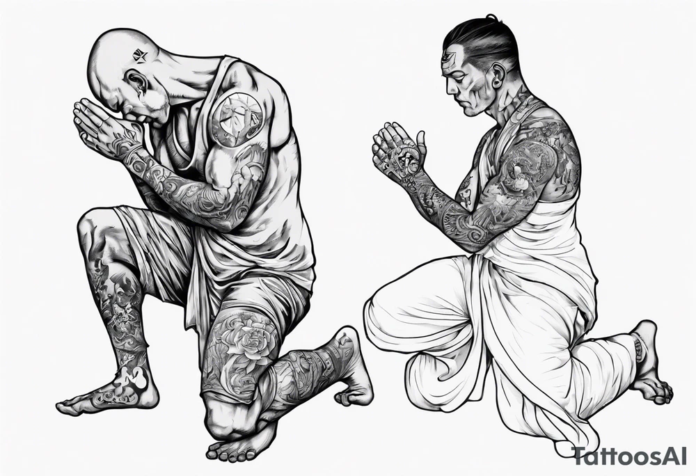 Peaceful warrior kneeling down on one knee. One hand is feeding the weak. One hand is holding the world up. tattoo idea