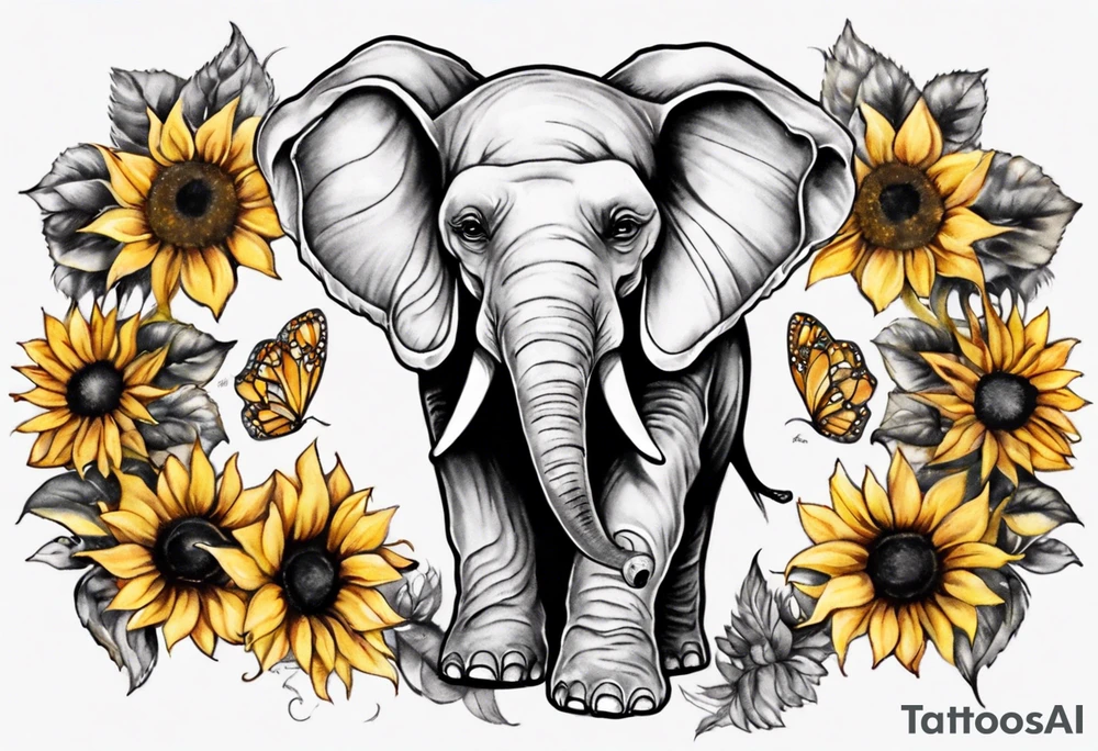 Under boob sternum baby elephant with sunflowers tattoo idea