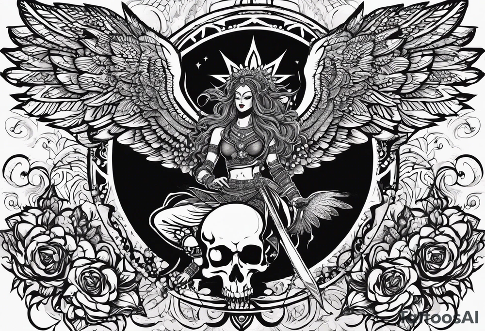 black kali, goddess pirate, alien, angel, pachamama, valkrye, warrior, flying, skull, lotus azul, wing, eagle, zenza resonance, stars, 5D, anahata chakra, death, durga, riding on a tiger, flying lady tattoo idea