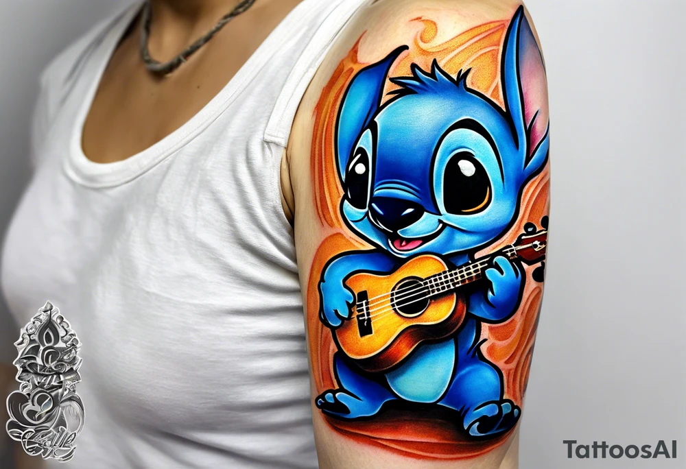 Stitch tattoo on arm under shoulder that is the version of stitch where he’s dressed up like Elvis playing a ukulele on a beach tattoo idea