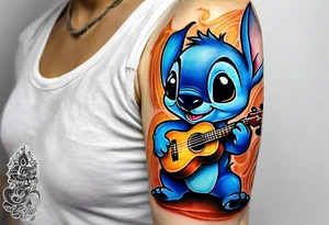 Stitch tattoo on arm under shoulder that is the version of stitch where he’s dressed up like Elvis playing a ukulele on a beach tattoo idea