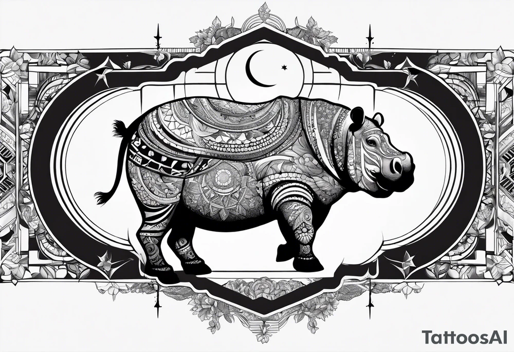 Hippo, flowers, moon, interstella,
fine lines, tribal, geometric tattoo idea