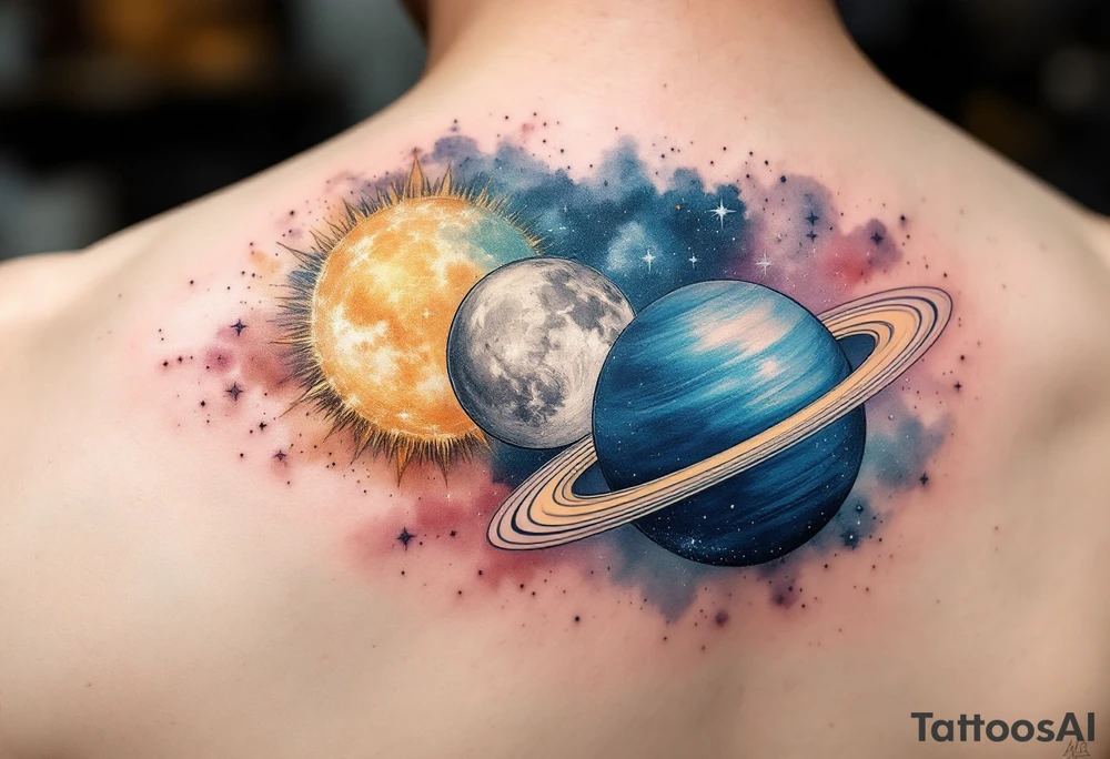 A soft watercolor galaxy with three celestial bodies (sun in gold, moon in silver, and a planet Saturn in deep blue) tattoo idea