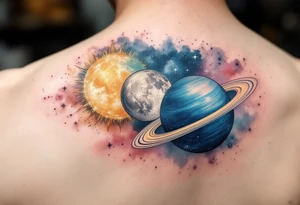 A soft watercolor galaxy with three celestial bodies (sun in gold, moon in silver, and a planet Saturn in deep blue) tattoo idea