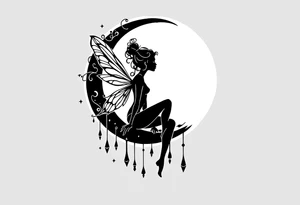 Silhouette of a Fairy sitting on moon with dangles. tattoo idea